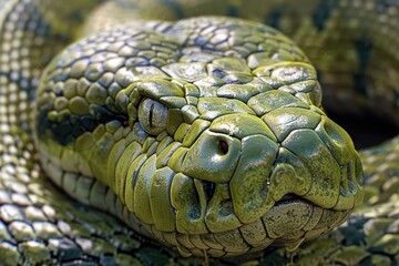 Fototapeta premium Detailed close up of a green snake's head, suitable for nature and wildlife themes