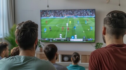 A group of people are watching a soccer game on a large television, football on TV