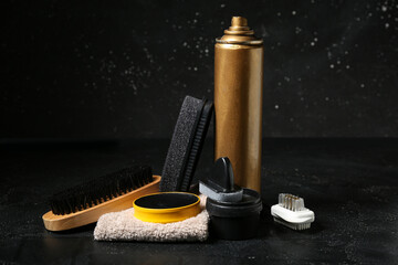 Brushes, cloth, brush and shoe polish on black background