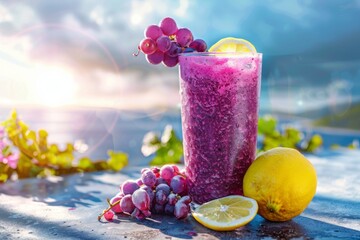 Refreshing purple smoothie with lemon and grapes on the table near the sea at sunset