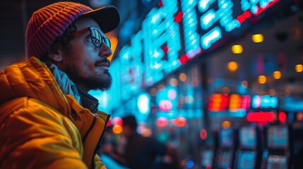 A man in a yellow jacket is looking at a casino