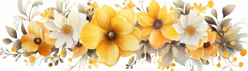 Elegant floral arrangement featuring yellow and white blossoms with green foliage. Beautiful, vibrant design perfect for spring and summer decor.