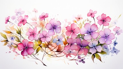 Elegant watercolor floral illustration featuring a variety of pink, purple, and blue flowers, perfect for creative design and art projects.