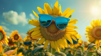 A sunflower with sunglasses on its face, concept of joy and happiness with good summer mood