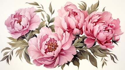Elegant watercolor painting of vibrant pink peonies with green foliage, showcasing delicate petals and detailed botanical art.