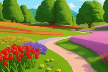 Obraz premium Beautiful and Peaceful Nature Scenery Illustration, Landscape, Countryside, Tranquil, Vibrant and Colorful