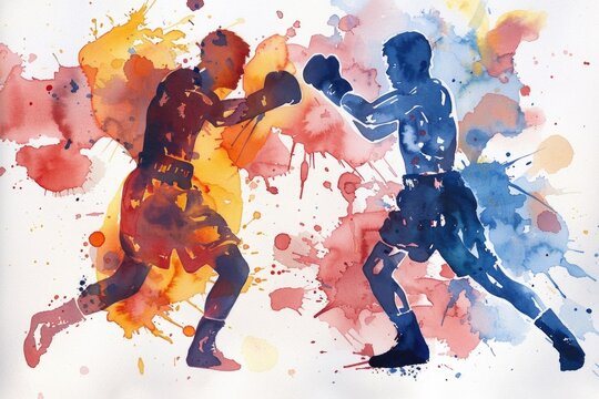 Watercolor painting of two boxers in action, perfect for sports and competition themes