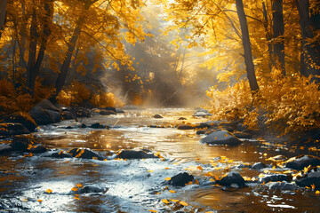 Serene Autumn River Reflecting Golden Foliage and Steady Natural Flow Through the Forest
