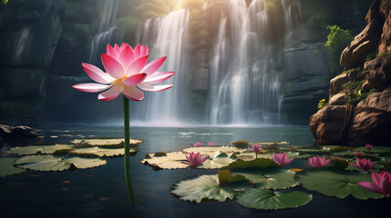 Beautiful lotus flower in waterfall pool. Vietnam