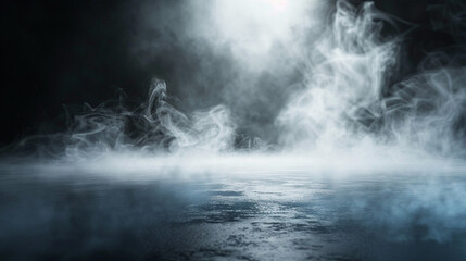 The mystical mist creates an ethereal texture, swirling smoke forming a symphony of dark and light on a black background.