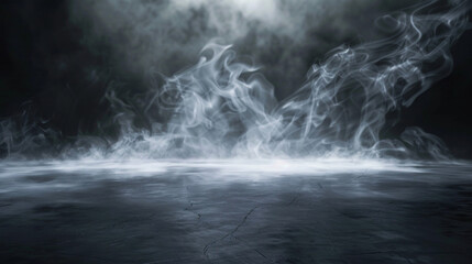 The mystical mist creates an ethereal texture, swirling smoke forming a symphony of dark and light on a black background.