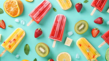 top view of a popsicle ice cream pattern with fruits on turquoise background