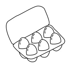 Carton box with six fresh farm eggs, doodle style flat vector outline for coloring book