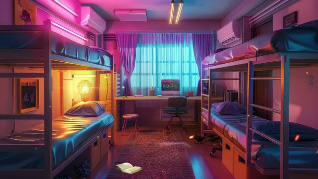 Animation Colorful Dorm Room Glowing with Ambience generated with ai