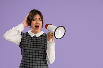 Beautiful young stressed businesswoman with megaphone screaming on purple background. Stress Awareness Month