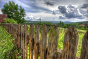 Fototapeta premium A wooden fence standing in the middle of a field. Suitable for various agricultural or rural themes