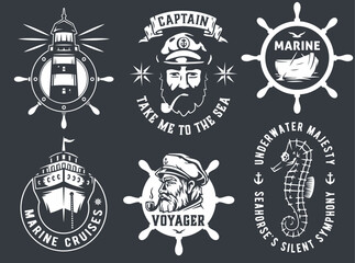Fototapeta premium Collection of vintage nautical emblems featuring maritime symbols, a captain, and marine life