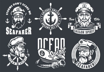 Collection of nautical designs featuring stylized captains, anchors, and bold text celebrating the seafarer life and ocean spirit