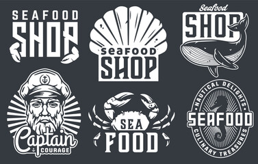 Collection of vintage style seafood shop logos featuring marine motifs for branding, advertising, and nautical designs