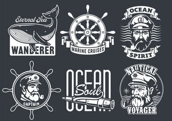 Monochrome set of nautical emblems featuring marine elements like a whale, ship wheel, captain, and oceanic phrases