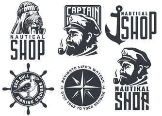 Collection of maritime emblems featuring sailor, captain, and nautical motifs perfect for logos or themed decorations