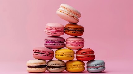Fototapeta premium Pile of rainbow burger, Stack of cheerful colorful burgers on plain pinkbackground. Food menu restaurant background.