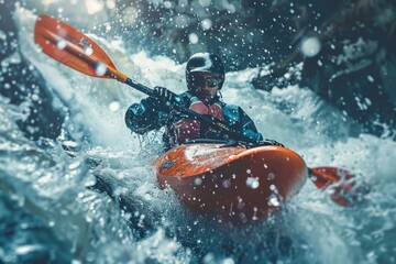 Fototapeta premium A man in a kayak floating on water. Ideal for outdoor and adventure concepts