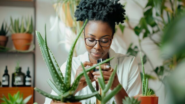 Black female photographer taking photo of aloe vera leaf, branches and lotion on this plants on digital camera at home studio. Beauty and body care content for photostocks, commerce, social networks 