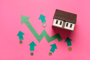 House model with coins and arrows on pink background. Price rise concept