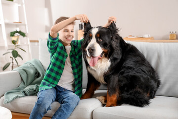 Boy with cute fluffy dog playing on sofa