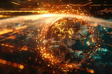 Obraz premium A digital image of a globe surrounded by lights. Ideal for technology and global concept designs