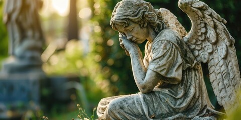 A serene angel statue in a peaceful cemetery setting. Ideal for memorial or religious themes