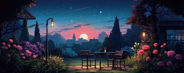 Outdoor LED garden lighting illustration flat design front view night scene theme animation vivid