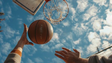 A person reaching for a basketball in the air. Suitable for sports and active lifestyle concepts