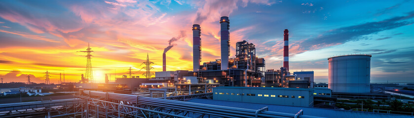 A large industrial plant with a sunset in the background. The sky is filled with clouds and the sun is setting
