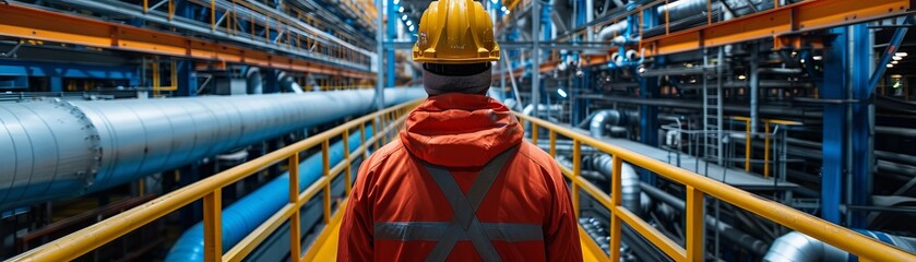 Fototapeta premium A man in a yellow helmet and orange jacket is walking through a large industrial building. Concept of caution and safety, as the man is wearing a hard hat and reflective vest