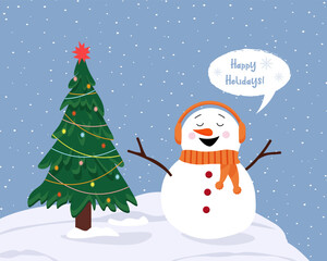 A snowman in headphones wishes Merry Christmas. Winter landscape. Postcard template for Christmas and New Year. Vector illustration. 