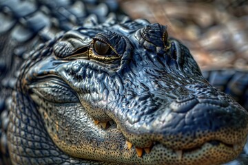 Fototapeta premium Close-up view of an alligator's head with its mouth open. Suitable for educational material or wildlife articles
