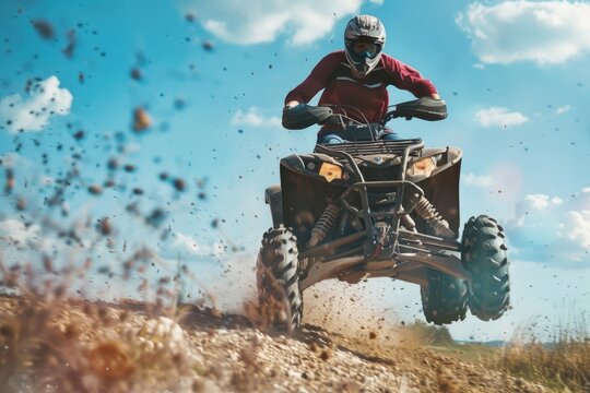 Man riding a four wheeler on a dirt road, suitable for outdoor adventure concept