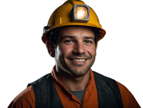 Portrait of a miner with a smiling face while wearing a lighted helmet