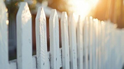 Close up of a white fence with the sun shining behind it. Ideal for outdoor and nature concepts