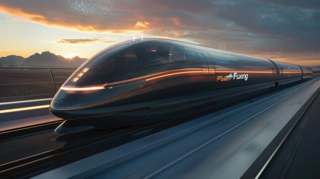 the futuristic "Fuxing" train traversing China's vast landscape, symbolizing progress and innovation on a grand scale.