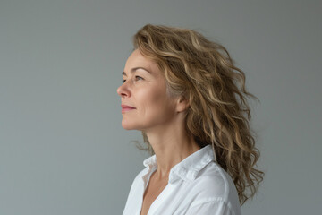 Fototapeta premium A side profile of a middle-aged woman on grey background