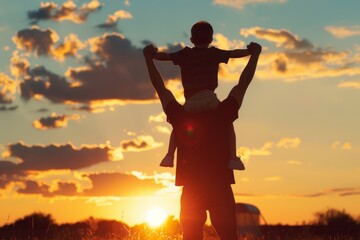 Fototapeta premium Happy father and son silhouette do muscle, child sitting on his shoulders on the grass at sunset, happy Father's Day, Father's Day concept