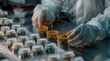 A person is handling marijuana in a lab