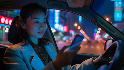 An Asian woman using her phone in the car at night
