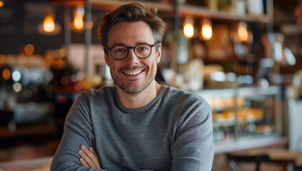 Fototapeta premium Portrait of a man with glasses smiling while in a cafe