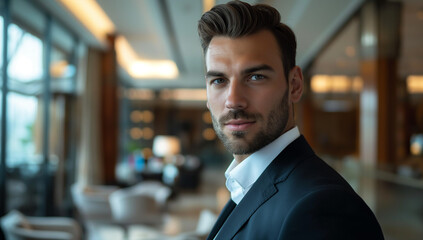 Fototapeta premium A portrait of a handsome businessman with dark hair and green eyes