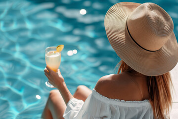 Woman relaxing by the pool holding a cocktail in her hand, back view of a woman relaxing by the water at a beach
