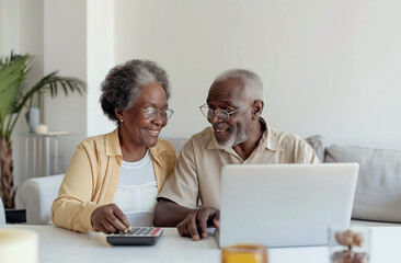 An elderly African couple using a laptop, old people and technology